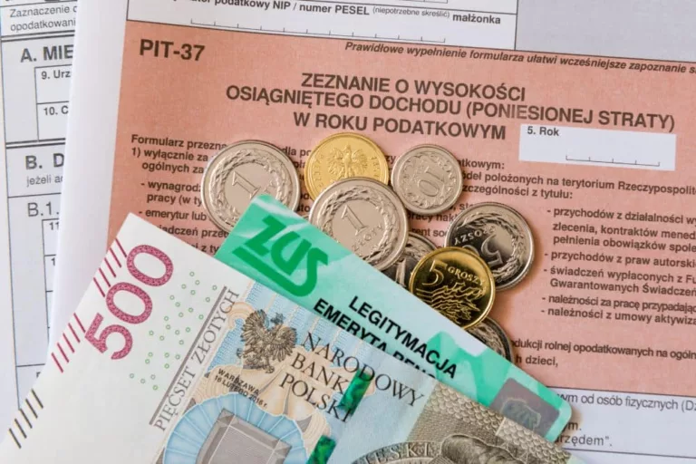 Polish tax form, PIT-37, close up, coins, individual tax return